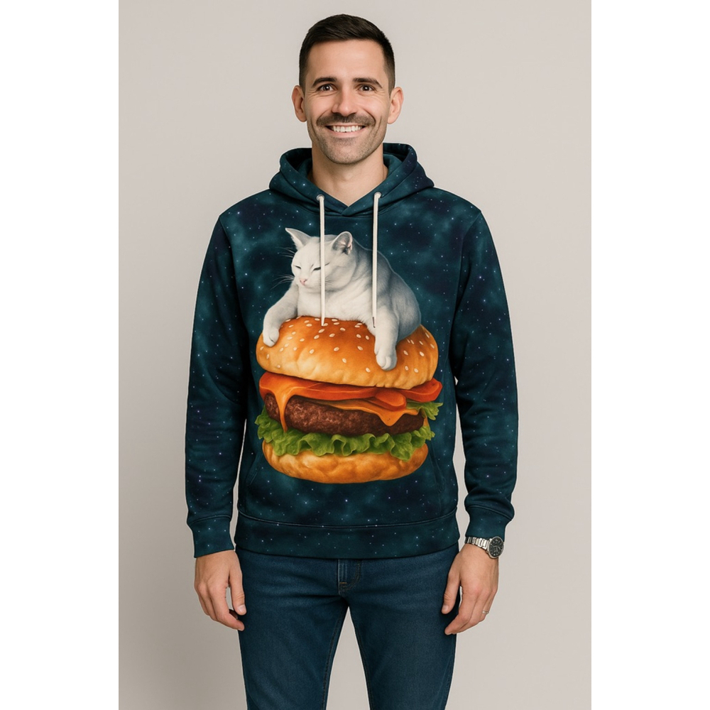 Galaxy Cat Burger Hoodie with Kangaroo Pocket | Size L